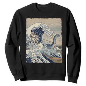 Funny Bigfoot Water Skiing Behind Nessie Sweatshirt Ukiyoe Inspired Wave Art TS12 Black Print Your Wear