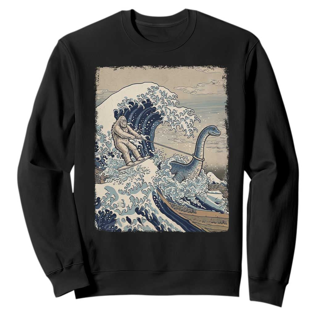 Funny Bigfoot Water Skiing Behind Nessie Sweatshirt Ukiyoe Inspired Wave Art TS12 Black Print Your Wear