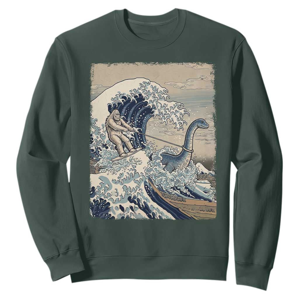 Funny Bigfoot Water Skiing Behind Nessie Sweatshirt Ukiyoe Inspired Wave Art TS12 Dark Forest Green Print Your Wear
