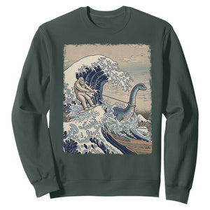 Funny Bigfoot Water Skiing Behind Nessie Sweatshirt Ukiyoe Inspired Wave Art TS12 Dark Forest Green Print Your Wear