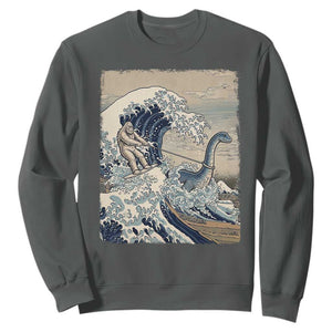 Funny Bigfoot Water Skiing Behind Nessie Sweatshirt Ukiyoe Inspired Wave Art TS12 Dark Heather Print Your Wear