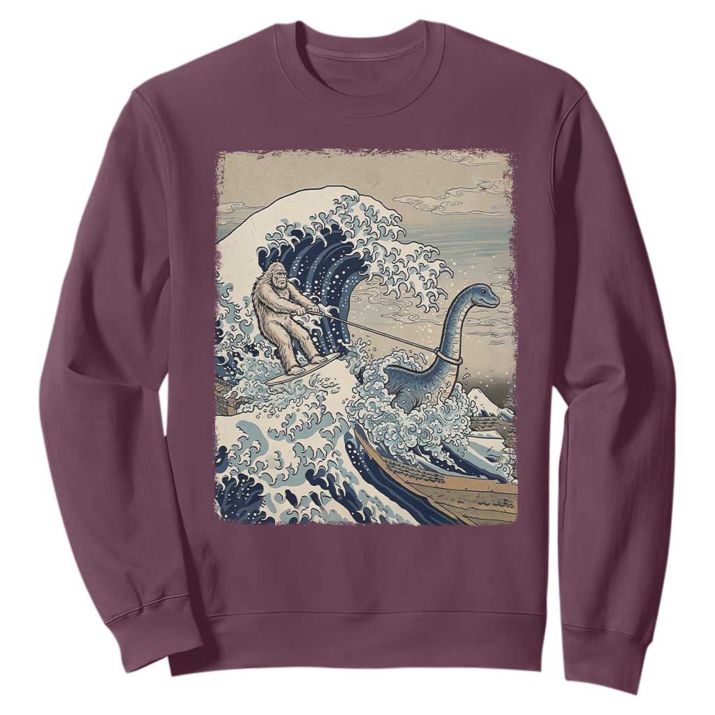 Funny Bigfoot Water Skiing Behind Nessie Sweatshirt Ukiyoe Inspired Wave Art TS12 Maroon Print Your Wear