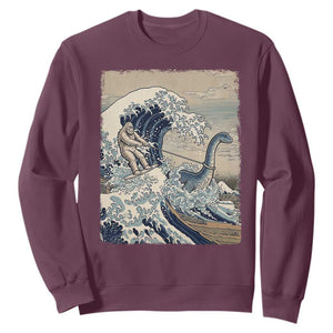 Funny Bigfoot Water Skiing Behind Nessie Sweatshirt Ukiyoe Inspired Wave Art TS12 Maroon Print Your Wear