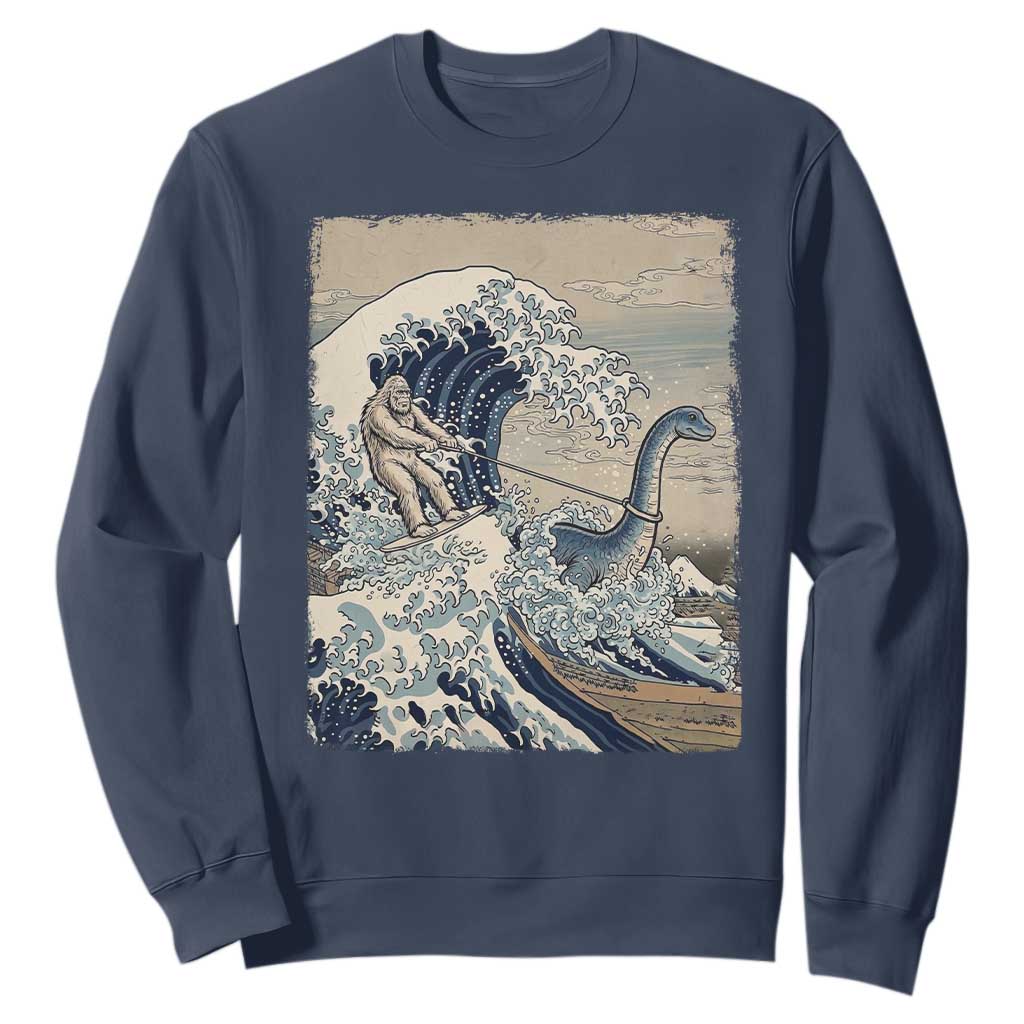Funny Bigfoot Water Skiing Behind Nessie Sweatshirt Ukiyoe Inspired Wave Art TS12 Navy Print Your Wear
