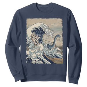 Funny Bigfoot Water Skiing Behind Nessie Sweatshirt Ukiyoe Inspired Wave Art TS12 Navy Print Your Wear