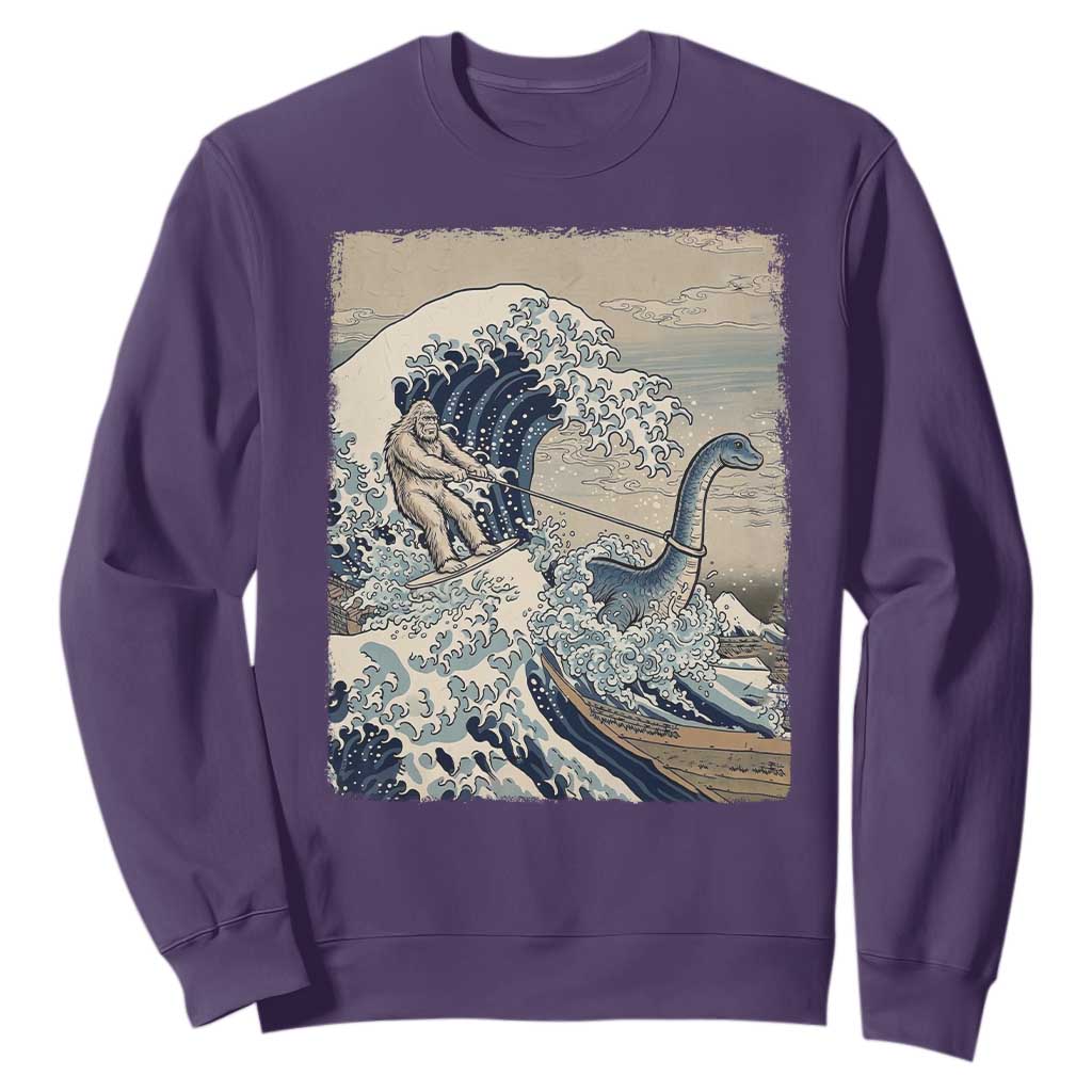 Funny Bigfoot Water Skiing Behind Nessie Sweatshirt Ukiyoe Inspired Wave Art TS12 Purple Print Your Wear