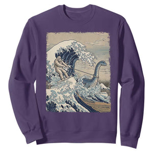 Funny Bigfoot Water Skiing Behind Nessie Sweatshirt Ukiyoe Inspired Wave Art TS12 Purple Print Your Wear