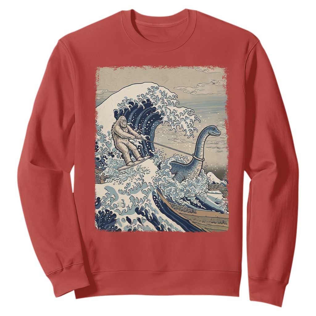 Funny Bigfoot Water Skiing Behind Nessie Sweatshirt Ukiyoe Inspired Wave Art TS12 Red Print Your Wear