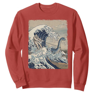 Funny Bigfoot Water Skiing Behind Nessie Sweatshirt Ukiyoe Inspired Wave Art TS12 Red Print Your Wear