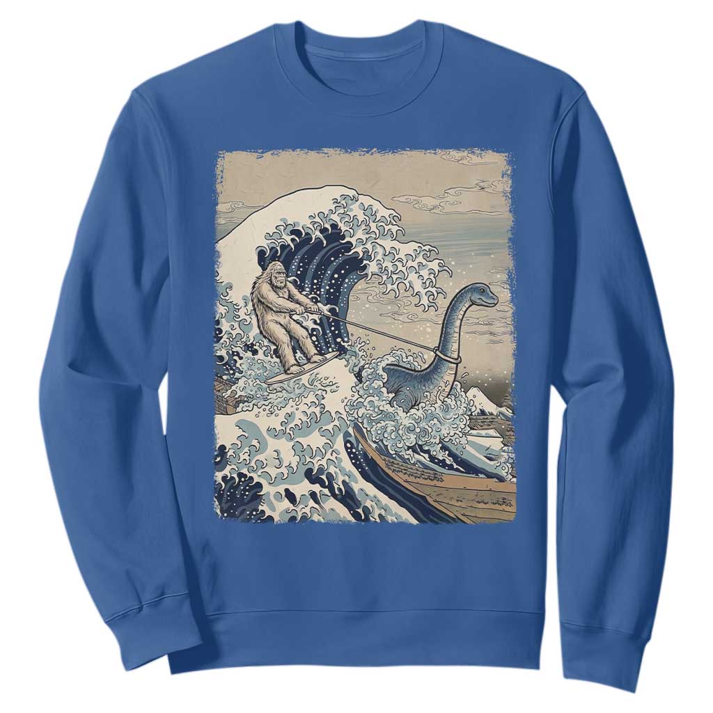 Funny Bigfoot Water Skiing Behind Nessie Sweatshirt Ukiyoe Inspired Wave Art TS12 Royal Blue Print Your Wear