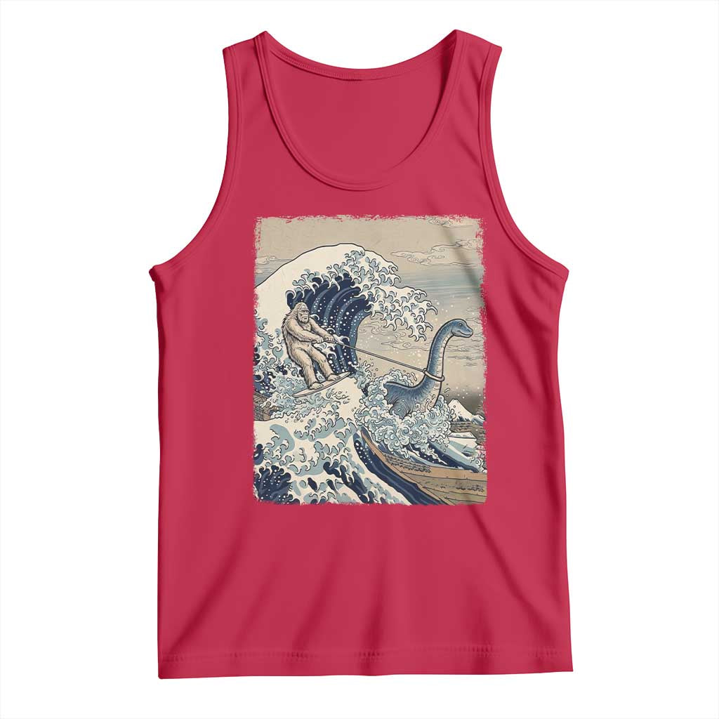 Funny Bigfoot Water Skiing Behind Nessie Tank Top Ukiyoe Inspired Wave Art TS12 Red Print Your Wear