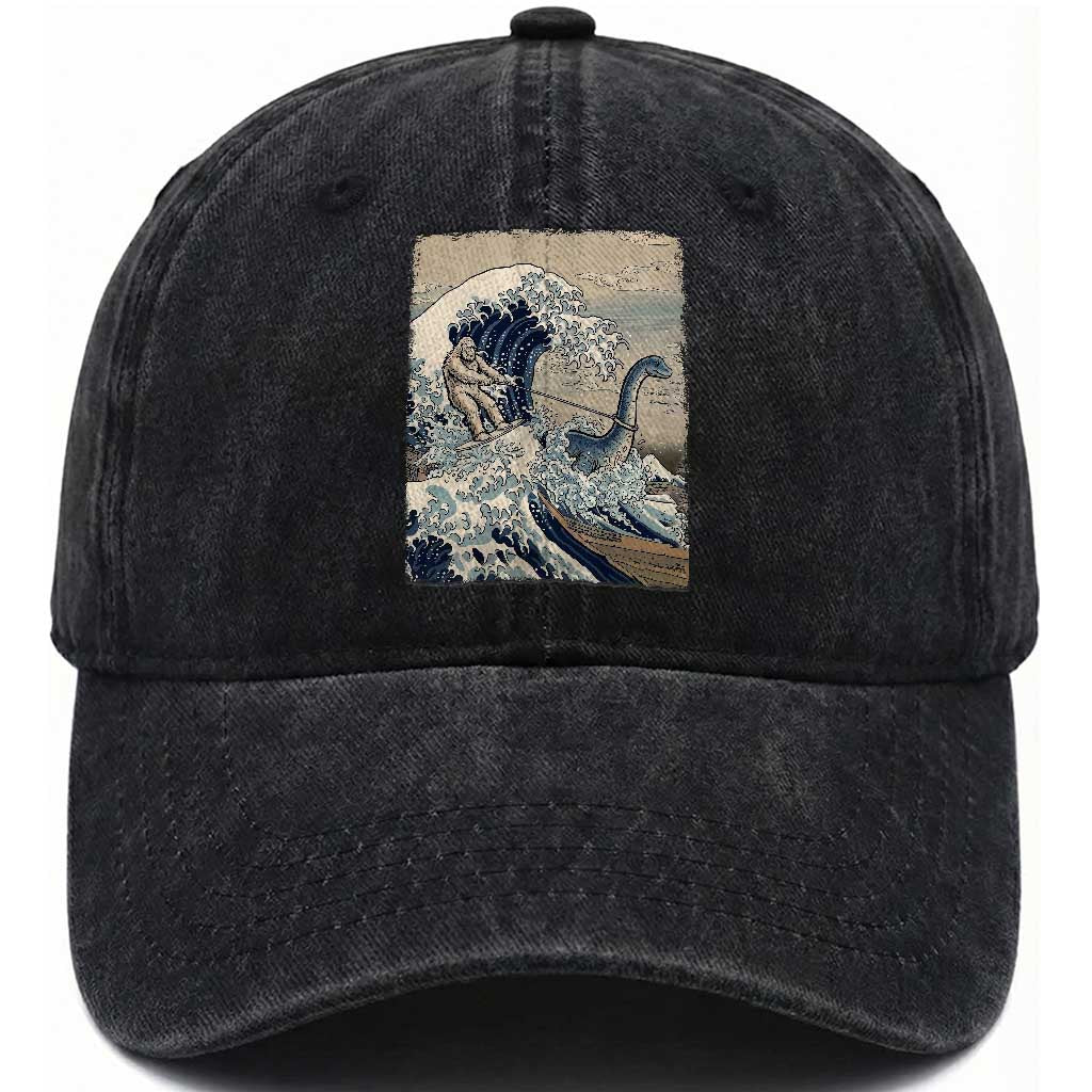 Funny Bigfoot Water Skiing Behind Nessie Washed Cotton Baseball Cap Ukiyoe Inspired Wave Art TS12 Print Your Wear