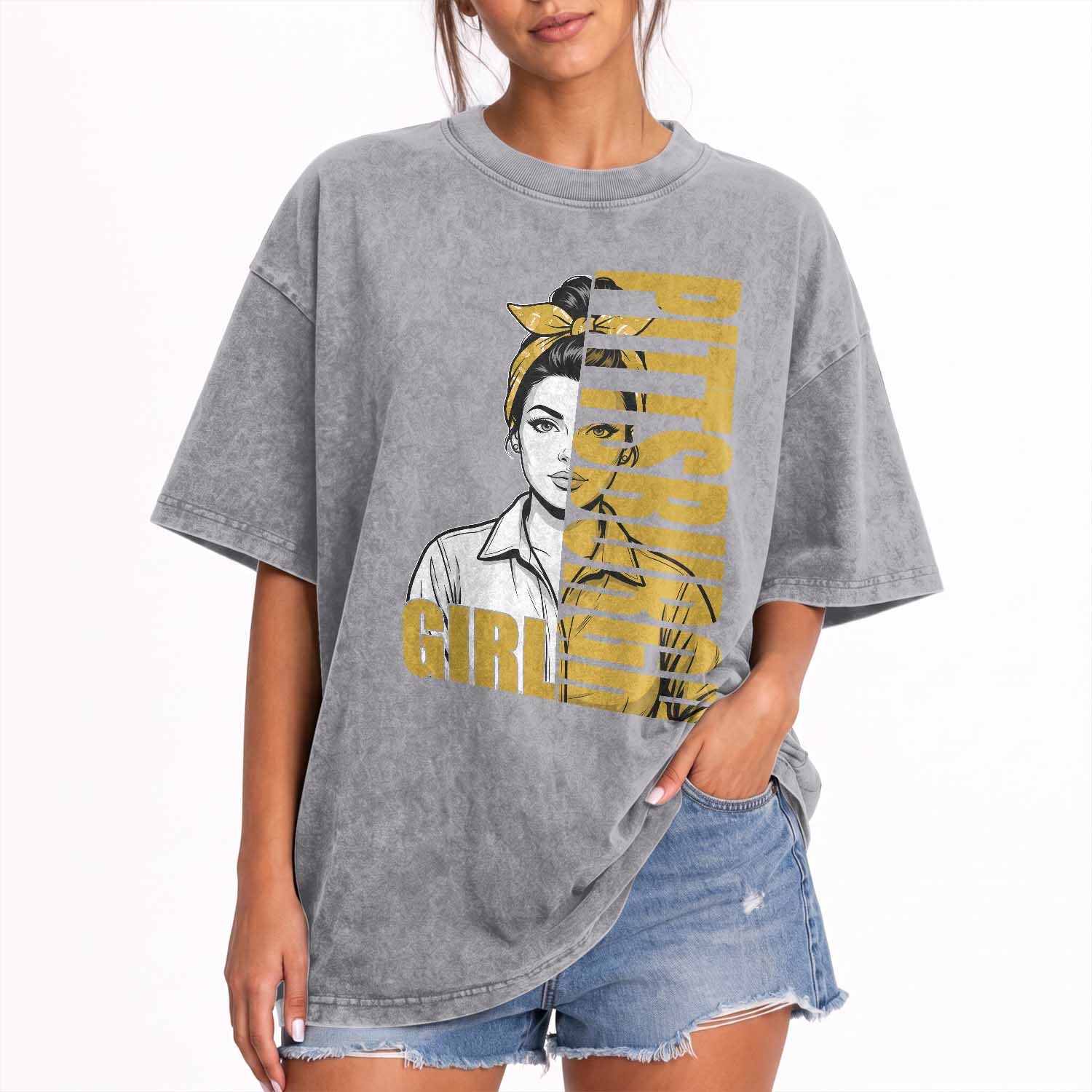 Strong Woman Football Game Day Washed Cotton T-Shirt Black And Gold City Pride
