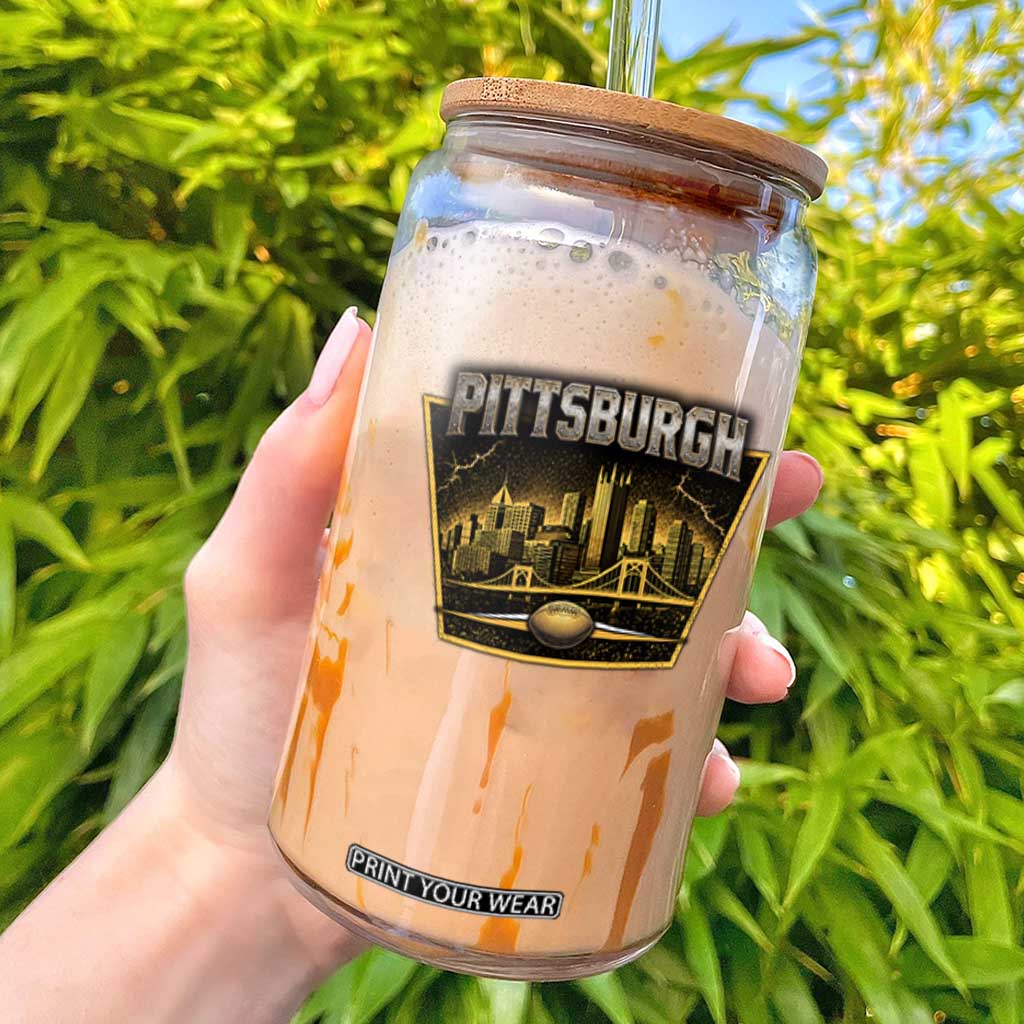 Pittsburgh Skyline Crest Graphic Glass Can Football Lover Gift TS12 White Print Your Wear