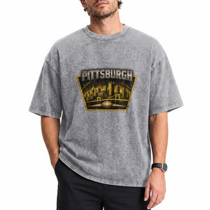 Pittsburgh Skyline Crest Graphic Washed Cotton T-Shirt Football Lover Gift