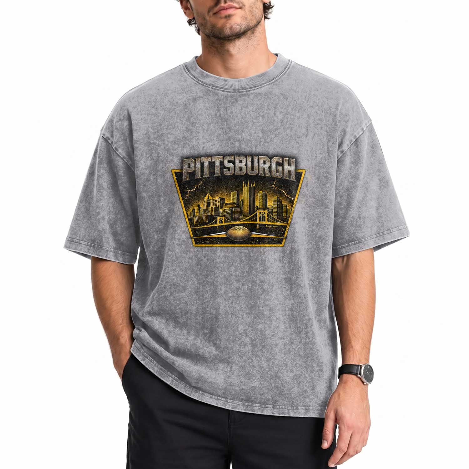 Pittsburgh Skyline Crest Graphic Washed Cotton T-Shirt Football Lover Gift