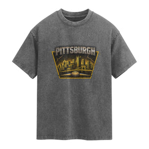 Pittsburgh Skyline Crest Graphic Washed Cotton T-Shirt Football Lover Gift
