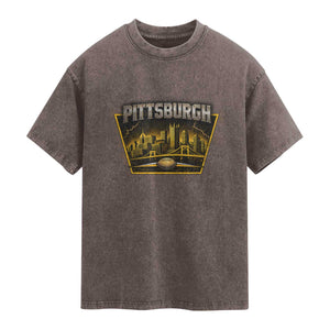 Pittsburgh Skyline Crest Graphic Washed Cotton T-Shirt Football Lover Gift