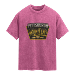 Pittsburgh Skyline Crest Graphic Washed Cotton T-Shirt Football Lover Gift