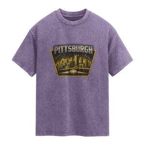 Pittsburgh Skyline Crest Graphic Washed Cotton T-Shirt Football Lover Gift