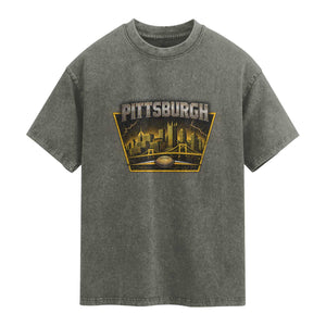 Pittsburgh Skyline Crest Graphic Washed Cotton T-Shirt Football Lover Gift