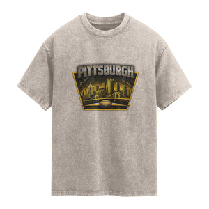 Pittsburgh Skyline Crest Graphic Washed Cotton T-Shirt Football Lover Gift