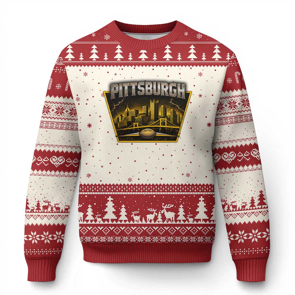 Pittsburgh Skyline Crest Graphic Ugly Christmas Sweater Football Lover Gift TS12 Beige Red Print Your Wear