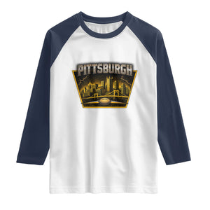Pittsburgh Skyline Crest Graphic Raglan Shirt Football Lover Gift TS12 White Navy Print Your Wear