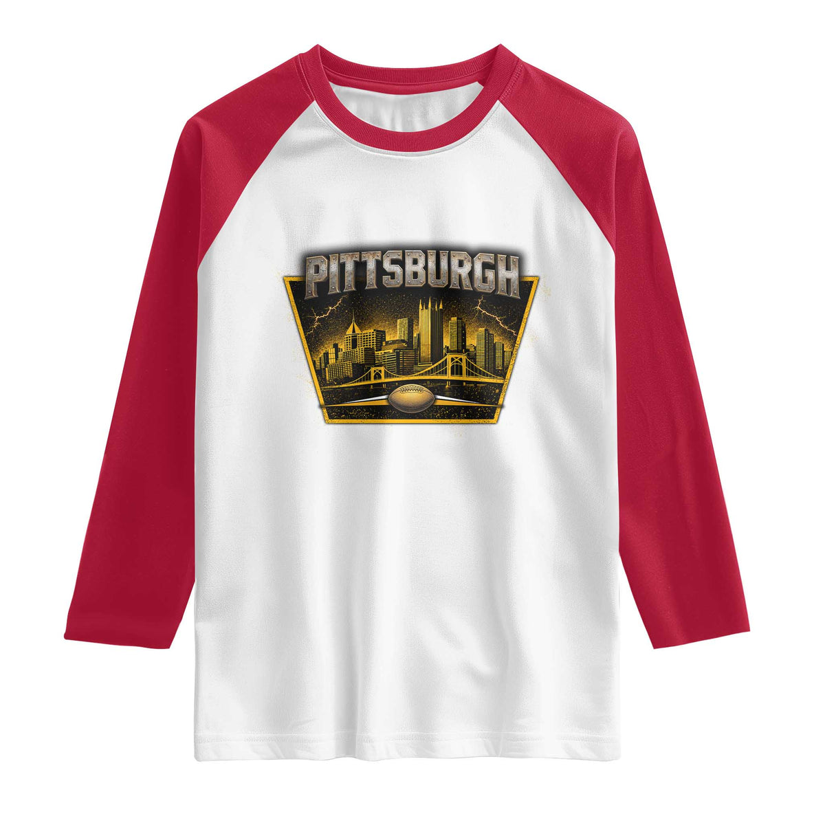 Pittsburgh Skyline Crest Graphic Raglan Shirt Football Lover Gift TS12 White Red Print Your Wear