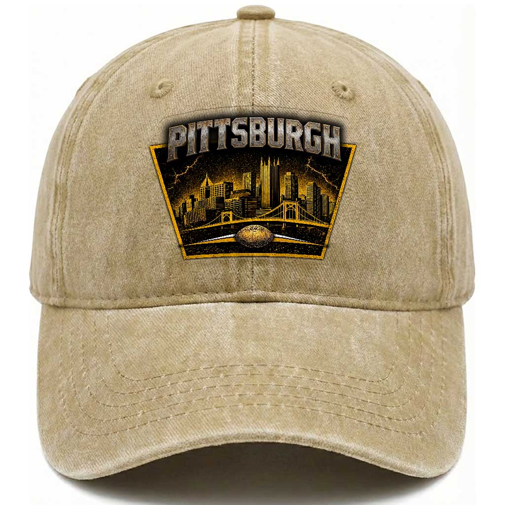 Pittsburgh Skyline Crest Graphic Washed Cotton Baseball Cap Football Lover Gift TS12 Print Your Wear