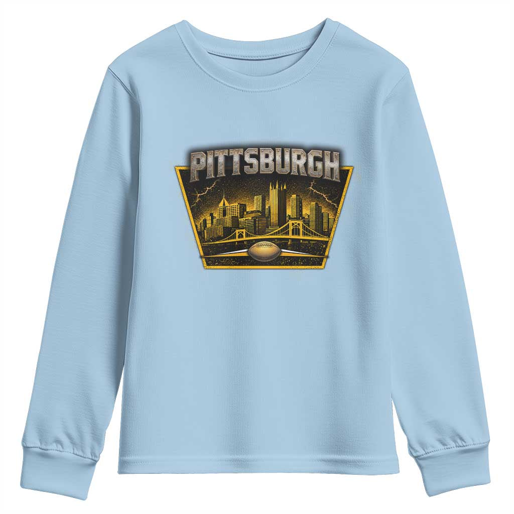 Pittsburgh Skyline Crest Graphic Youth Sweatshirt Football Lover Gift TS12 Light Blue Print Your Wear