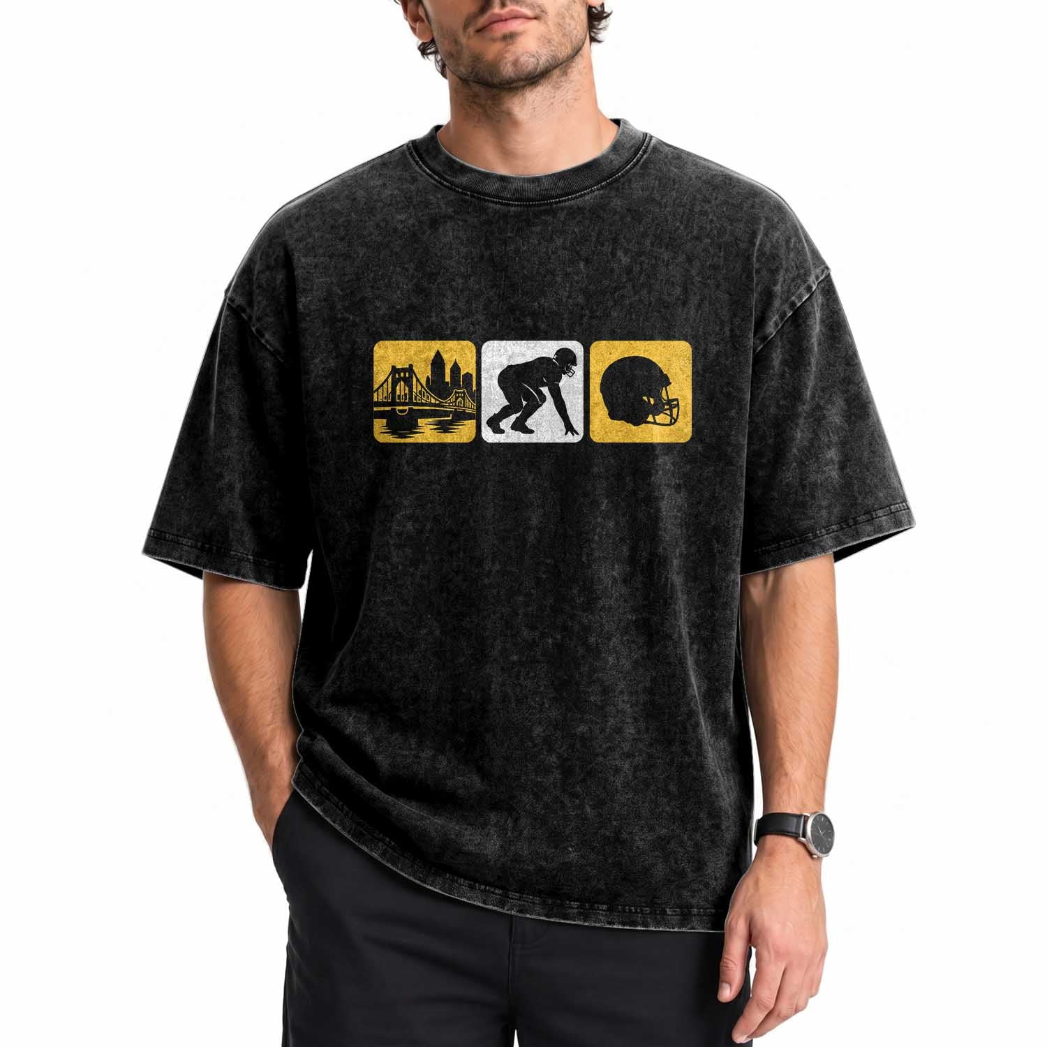 Pittsburgh Skyline Crest Graphic Washed Cotton T-Shirt Football Fan Pride