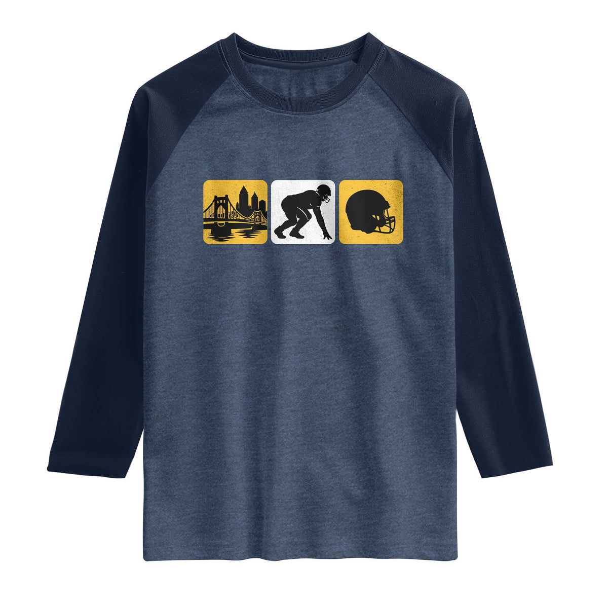 Pittsburgh Skyline Crest Graphic Raglan Shirt Football Fan Pride TS12 Heather Denim Navy Print Your Wear