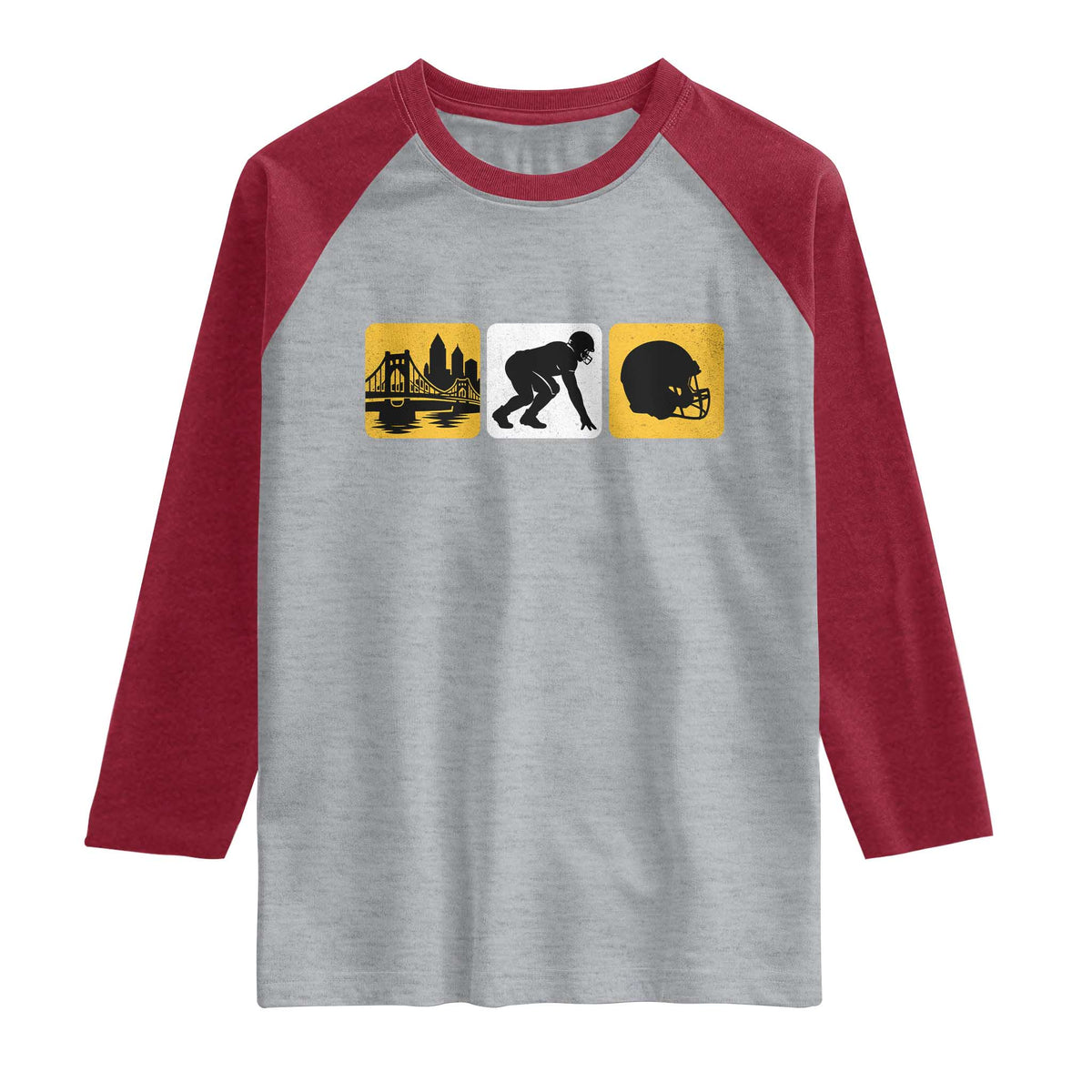 Pittsburgh Skyline Crest Graphic Raglan Shirt Football Fan Pride TS12 Heather Gray Heather Red Print Your Wear