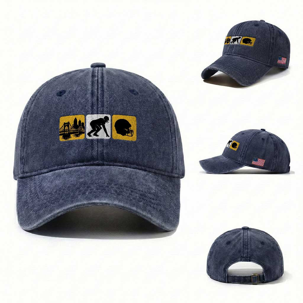 Pittsburgh Skyline Crest Graphic Washed Cotton Baseball Cap Football Fan Pride TS12 Washed Cap Universal Fit Navy Print Your Wear