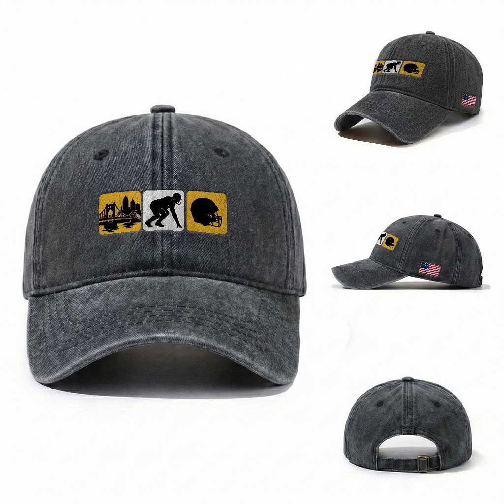 Pittsburgh Skyline Crest Graphic Washed Cotton Baseball Cap Football Fan Pride TS12 Washed Cap Universal Fit Dark Gray Print Your Wear