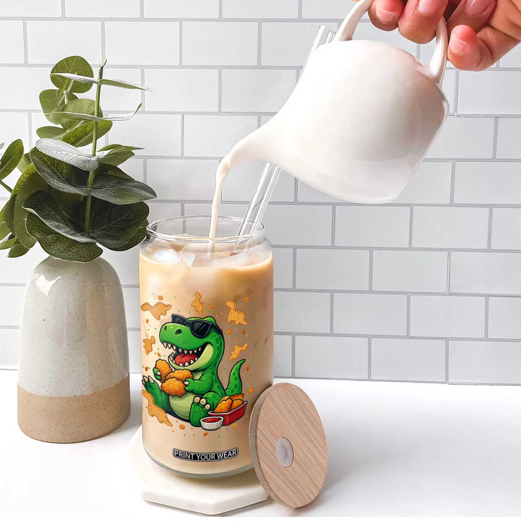 Funny Dinosaur Eating Chicken Nuggets Glass Can Food Lover Gift TS12 Print Your Wear