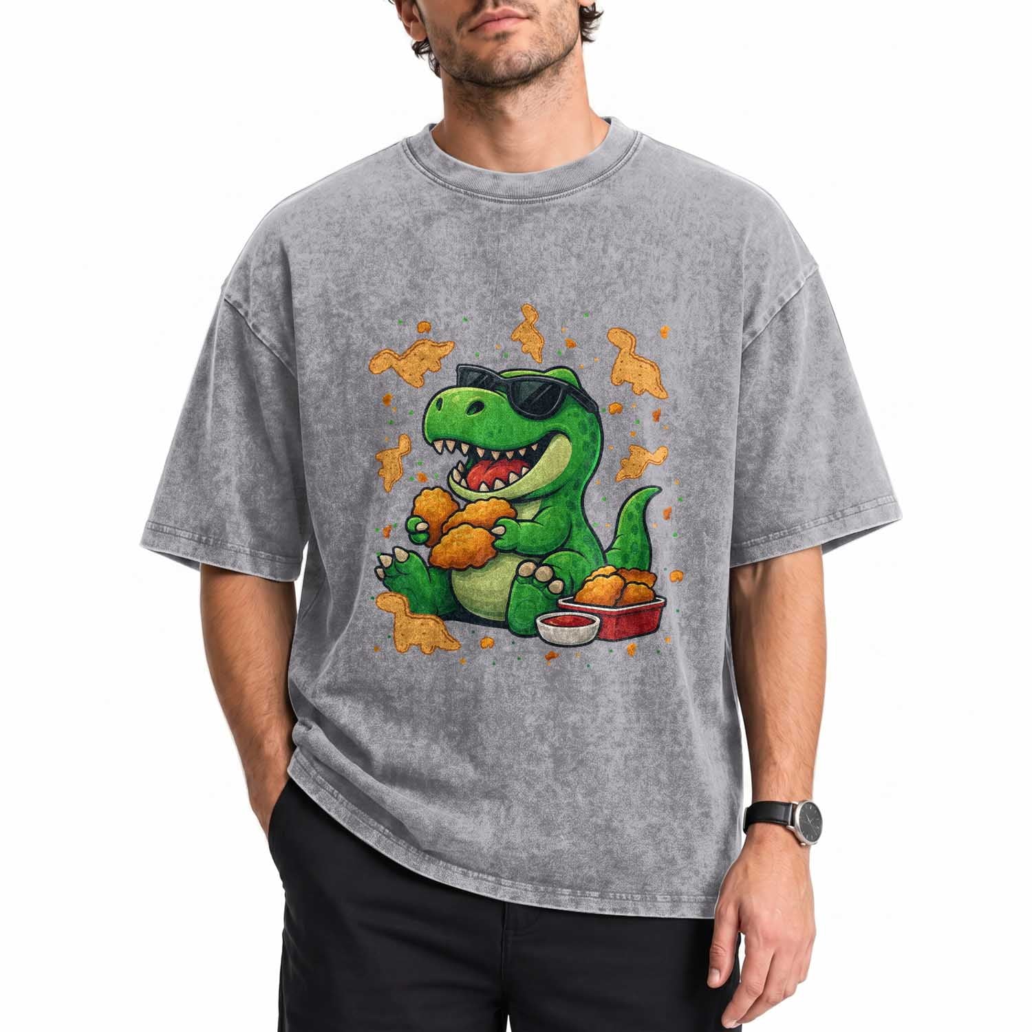 Funny Dinosaur Eating Chicken Nuggets Washed Cotton T-Shirt Food Lover Gift