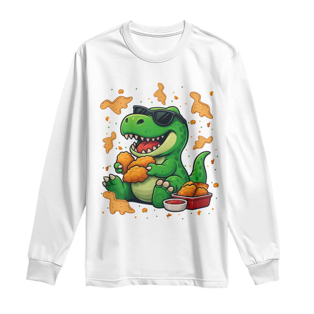 Funny Dinosaur Eating Chicken Nuggets Long Sleeve Shirt Food Lover Gift TS12 White Print Your Wear