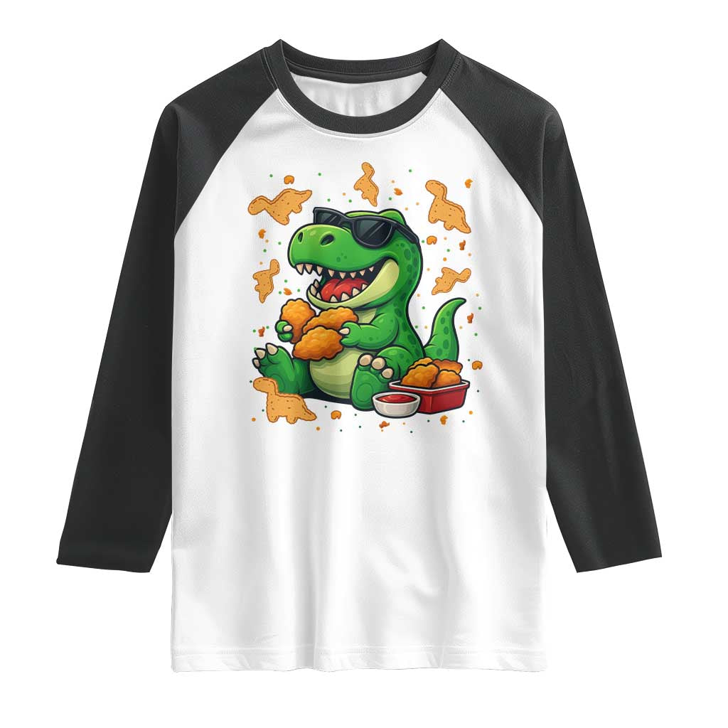 Funny Dinosaur Eating Chicken Nuggets Raglan Shirt Food Lover Gift TS12 White Black Print Your Wear