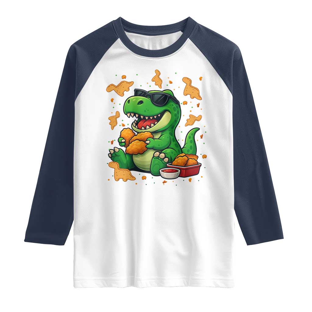 Funny Dinosaur Eating Chicken Nuggets Raglan Shirt Food Lover Gift TS12 White Navy Print Your Wear