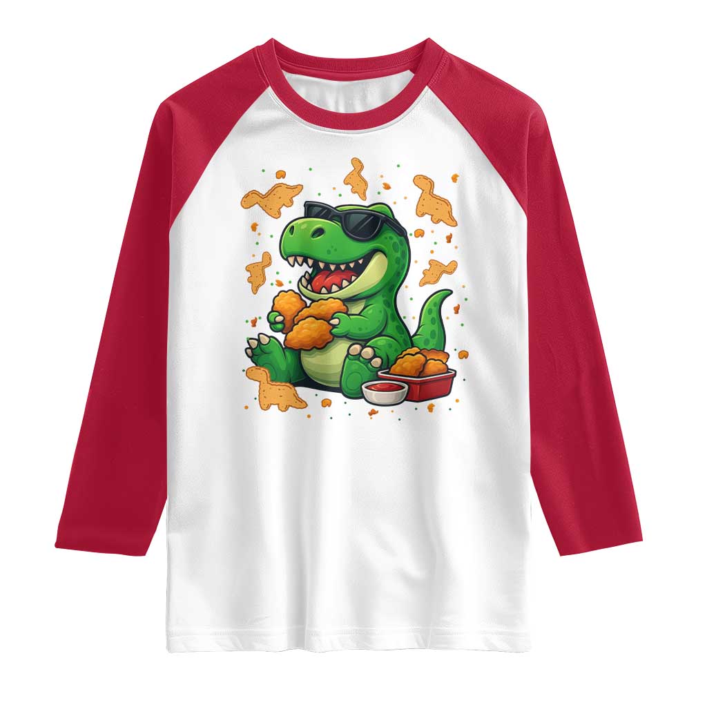 Funny Dinosaur Eating Chicken Nuggets Raglan Shirt Food Lover Gift TS12 White Red Print Your Wear