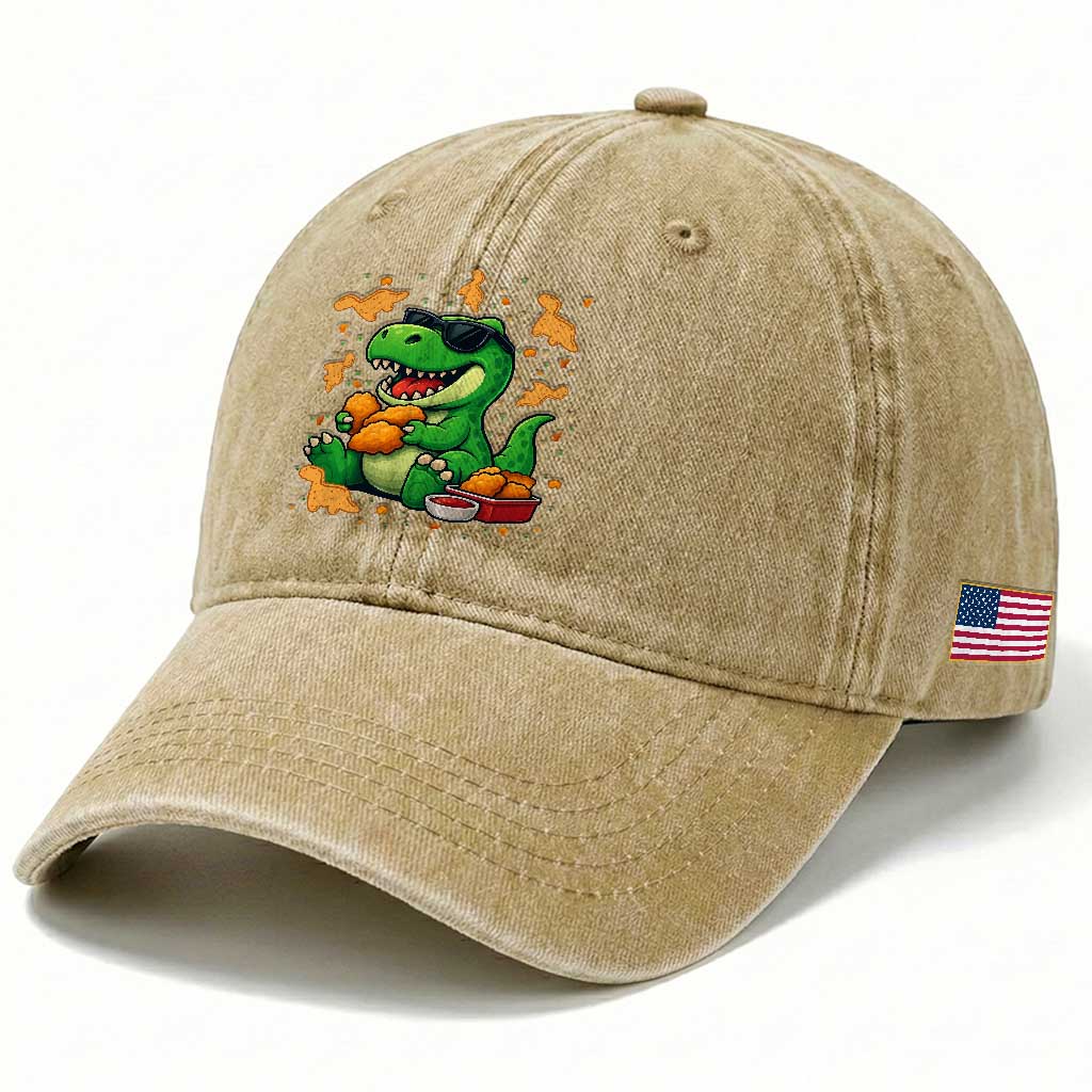Funny Dinosaur Eating Chicken Nuggets Washed Cotton Baseball Cap Food Lover Gift TS12 Print Your Wear