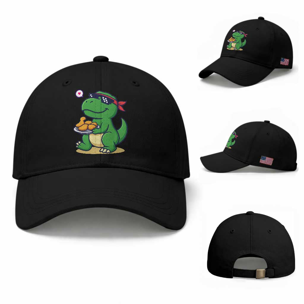 Cute Dinosaur Eating Chicken Nuggets Baseball Cap Food Humor Gift TS12 Baseball Cap Universal Fit Black Print Your Wear