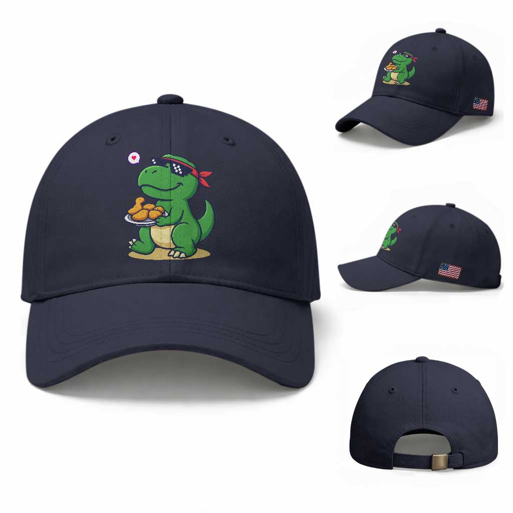 Cute Dinosaur Eating Chicken Nuggets Baseball Cap Food Humor Gift TS12 Baseball Cap Universal Fit Navy Print Your Wear