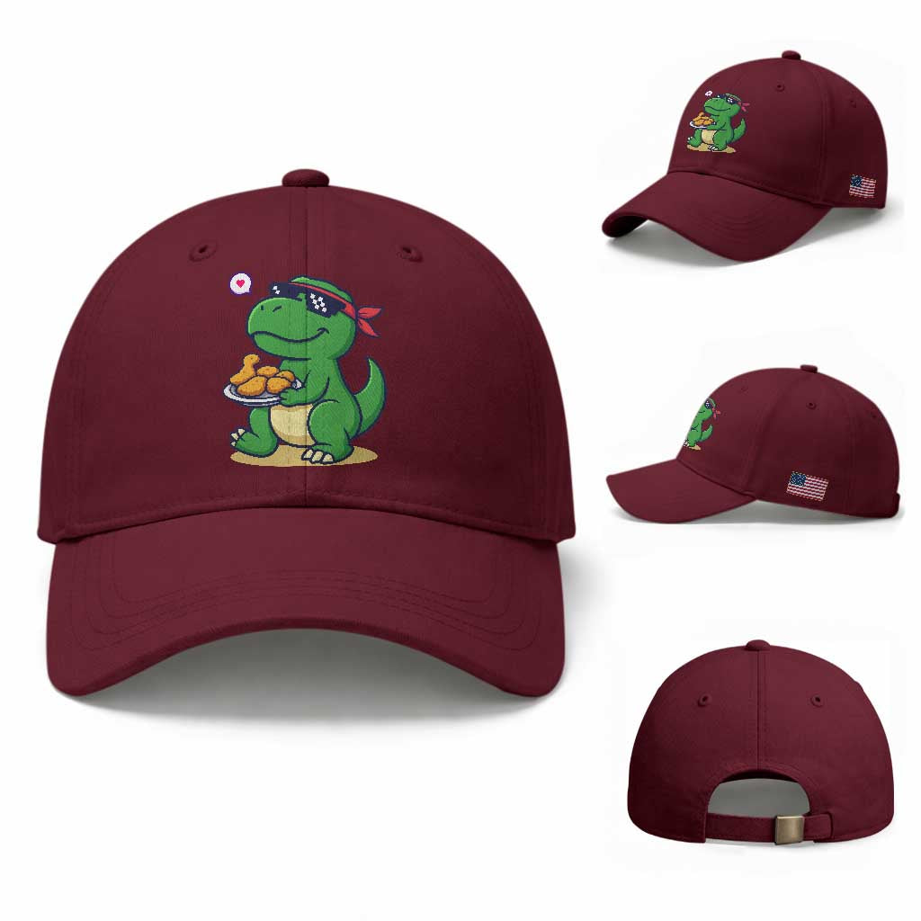 Cute Dinosaur Eating Chicken Nuggets Baseball Cap Food Humor Gift TS12 Baseball Cap Universal Fit Maroon Print Your Wear