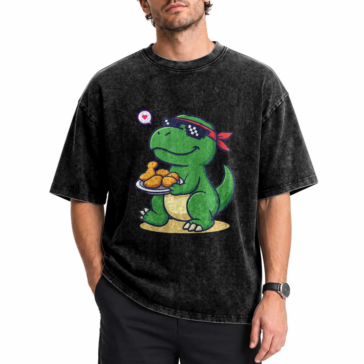 Cute Dinosaur Eating Chicken Nuggets Washed Cotton T-Shirt Food Humor Gift