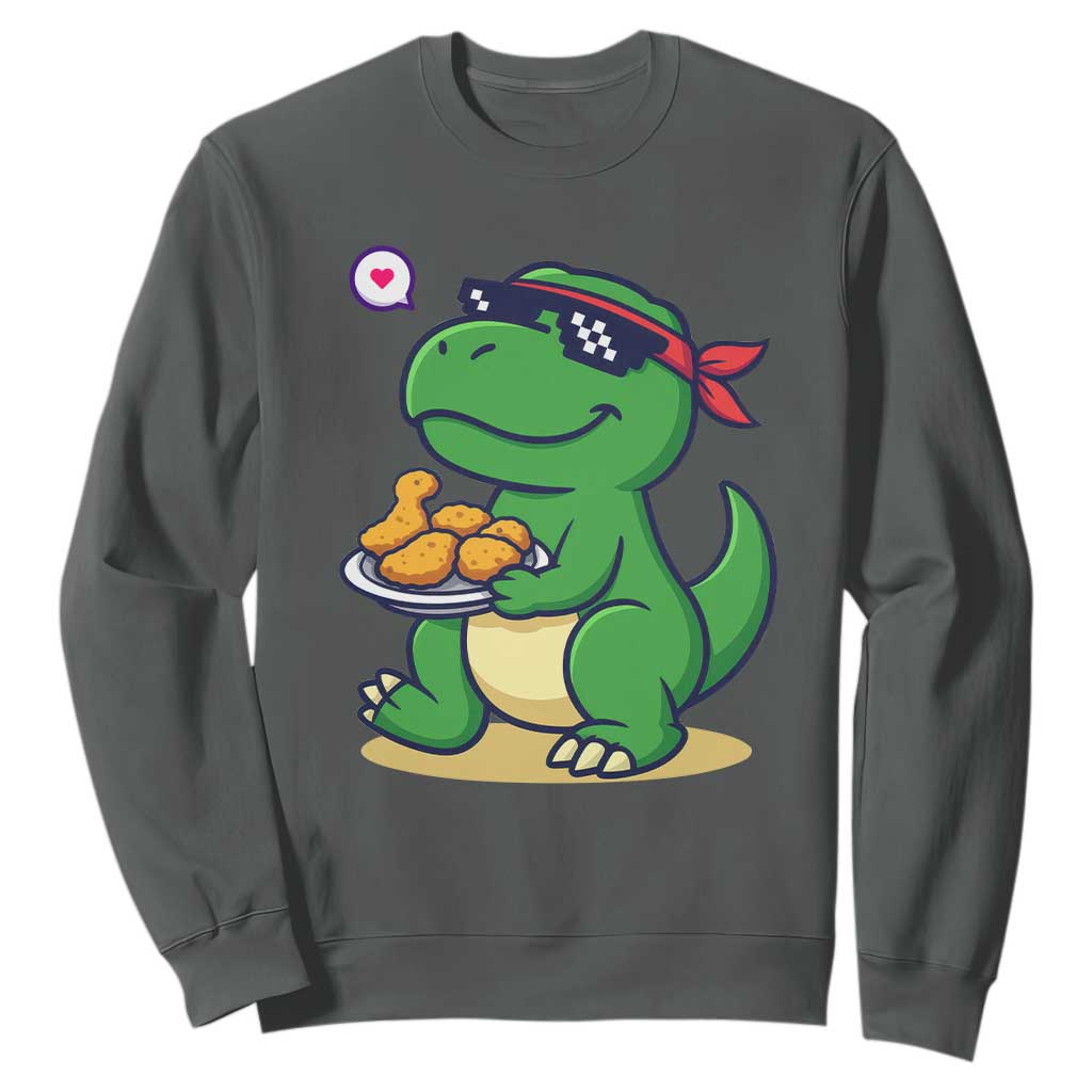 Cute Dinosaur Eating Chicken Nuggets Sweatshirt Food Humor Gift TS12 Dark Heather Print Your Wear