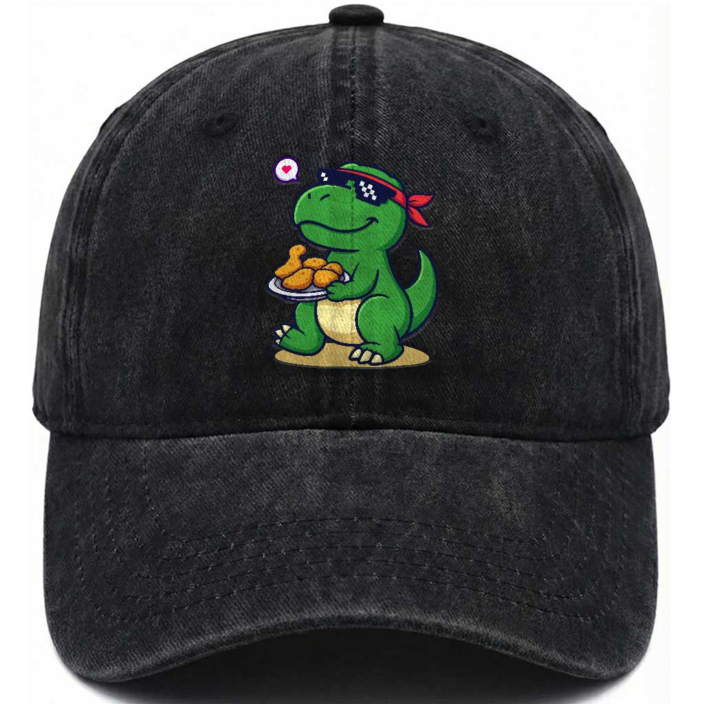 Cute Dinosaur Eating Chicken Nuggets Washed Cotton Baseball Cap Food Humor Gift TS12 Print Your Wear