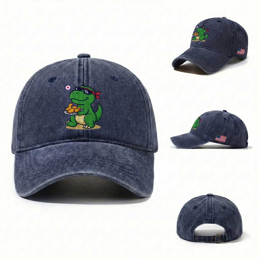 Cute Dinosaur Eating Chicken Nuggets Washed Cotton Baseball Cap Food Humor Gift TS12 Washed Cap Universal Fit Navy Print Your Wear